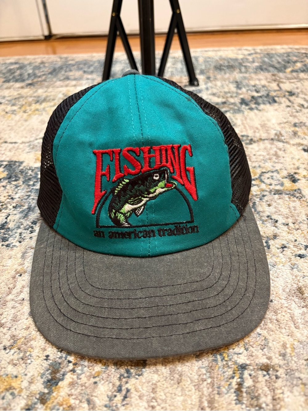 Vintage 90s Bass Fishing Hat Teal Mesh Back Snapback Made In USA Embroidered